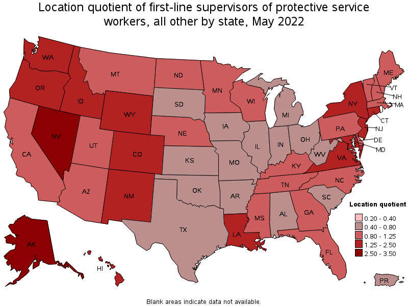Map of location quotient of first-line supervisors of protective service workers, all other by state, May 2022