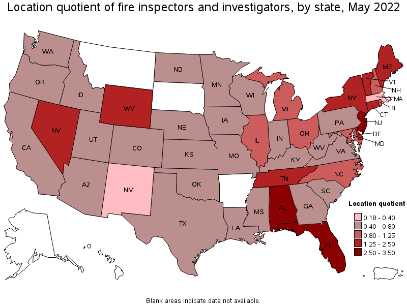 Map of location quotient of fire inspectors and investigators by state, May 2022