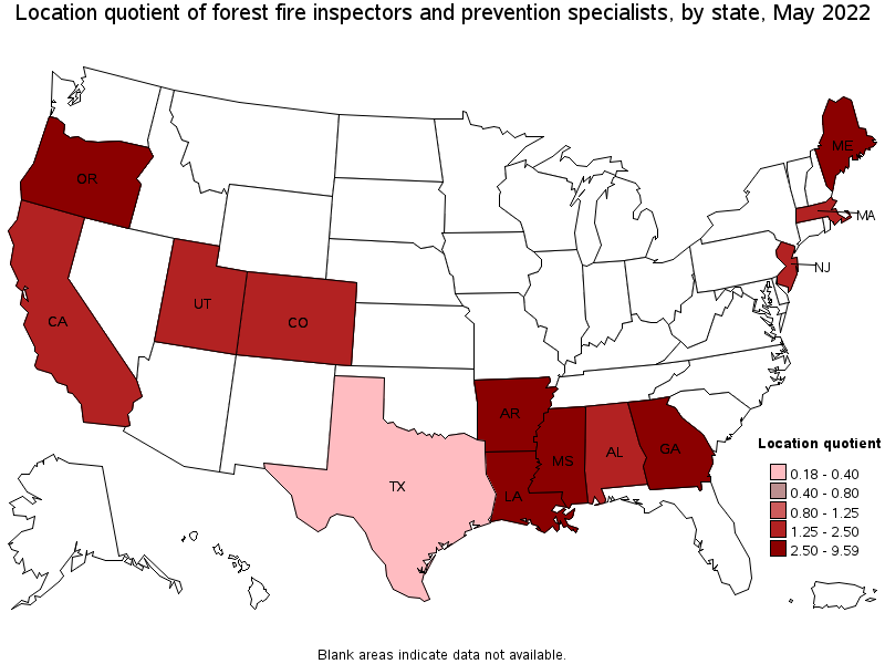 Map of location quotient of forest fire inspectors and prevention specialists by state, May 2022