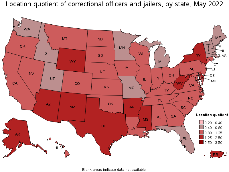 Map of location quotient of correctional officers and jailers by state, May 2022