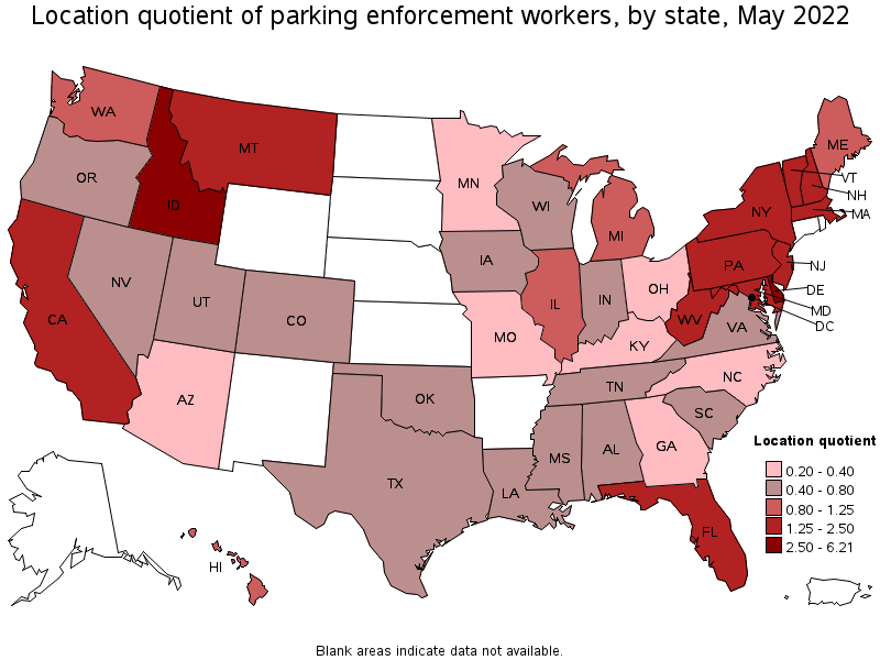 Map of location quotient of parking enforcement workers by state, May 2022