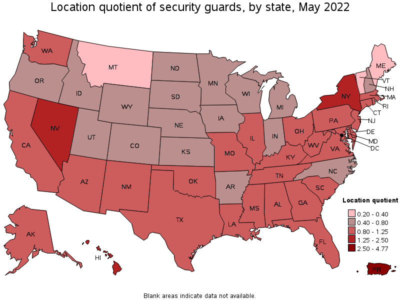 Map of location quotient of security guards by state, May 2022