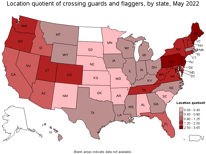 Map of location quotient of crossing guards and flaggers by state, May 2022