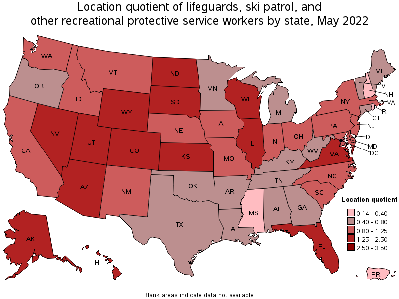 Map of location quotient of lifeguards, ski patrol, and other recreational protective service workers by state, May 2022