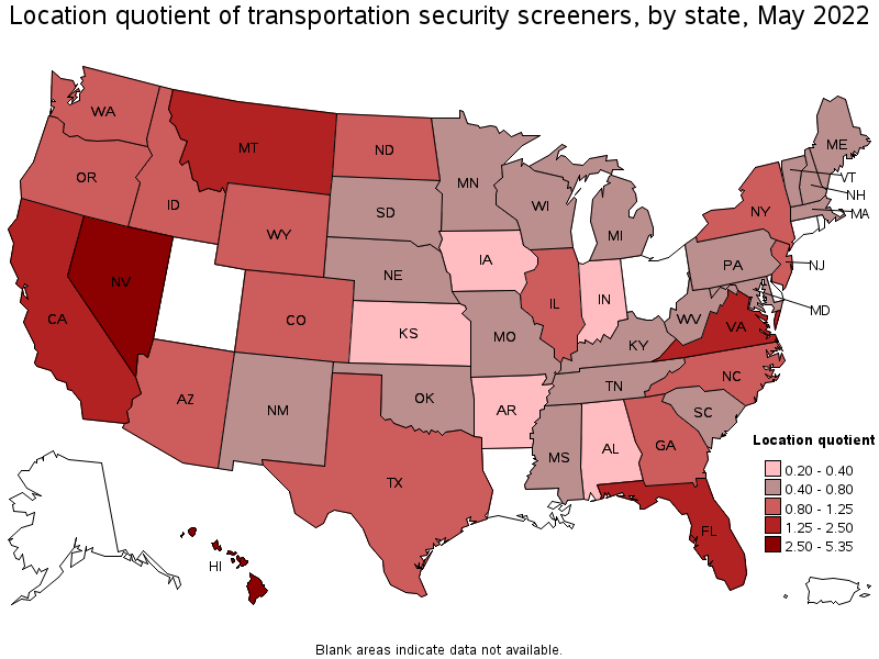 Map of location quotient of transportation security screeners by state, May 2022