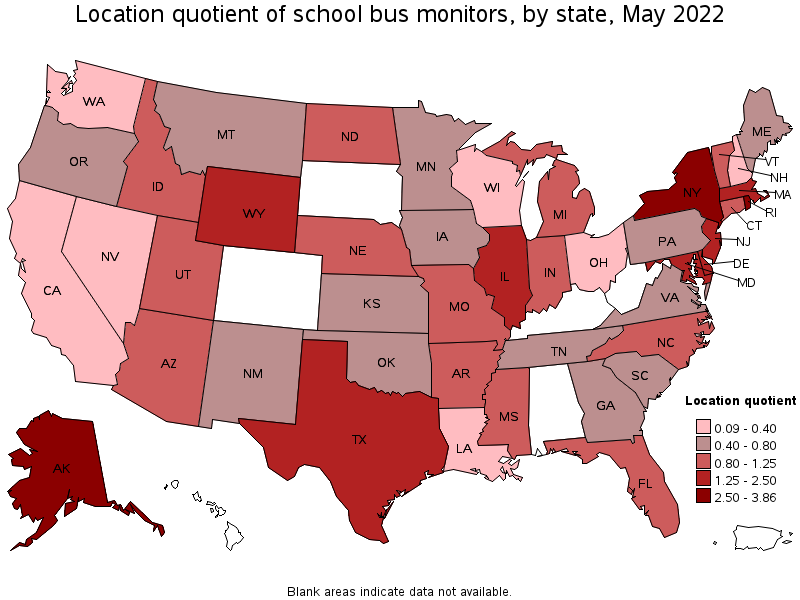 Map of location quotient of school bus monitors by state, May 2022