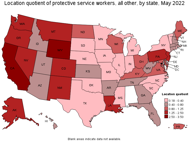 Map of location quotient of protective service workers, all other by state, May 2022