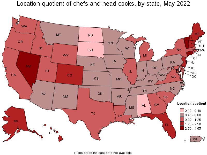 Map of location quotient of chefs and head cooks by state, May 2022