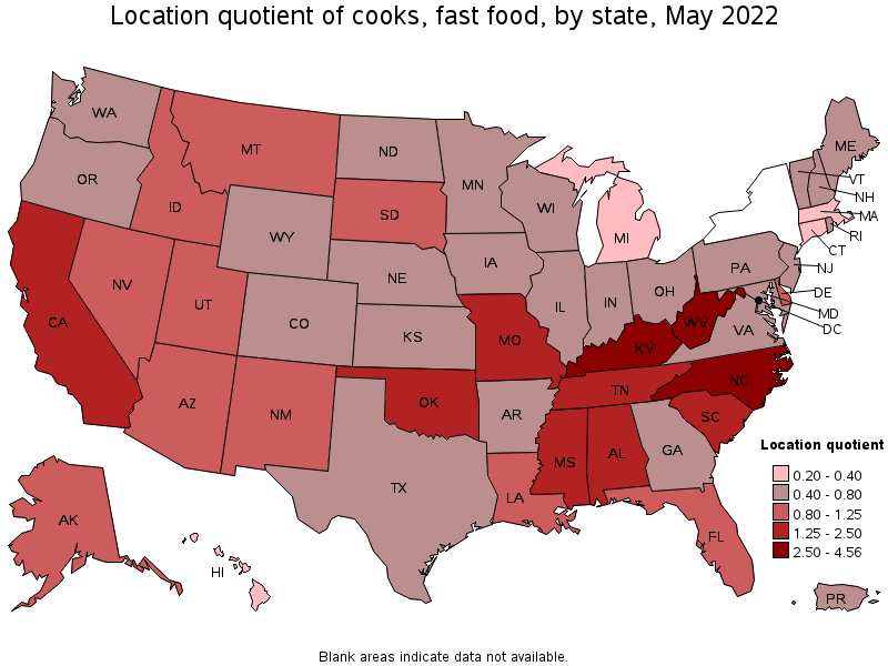 Map of location quotient of cooks, fast food by state, May 2022