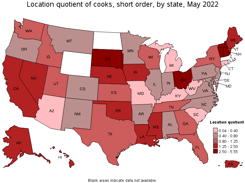 Map of location quotient of cooks, short order by state, May 2022
