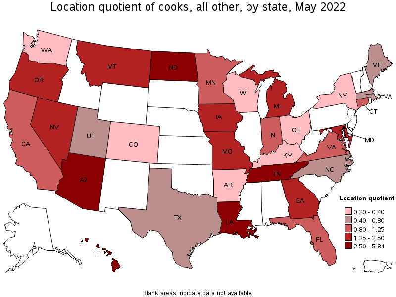 Map of location quotient of cooks, all other by state, May 2022