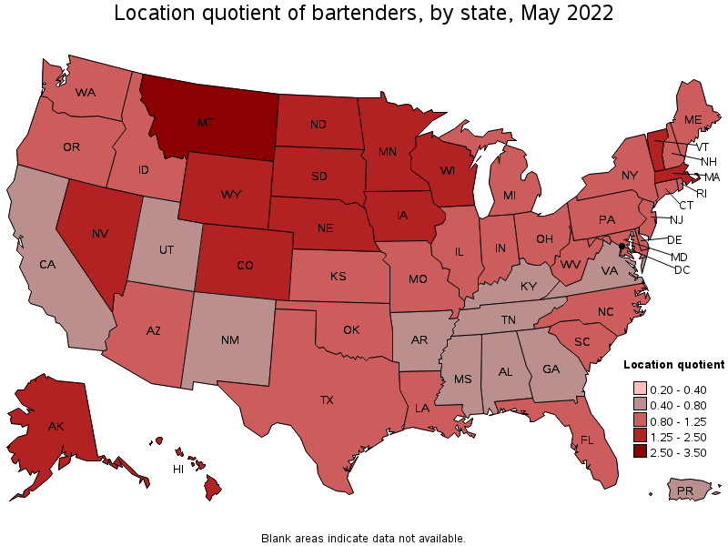 Map of location quotient of bartenders by state, May 2022
