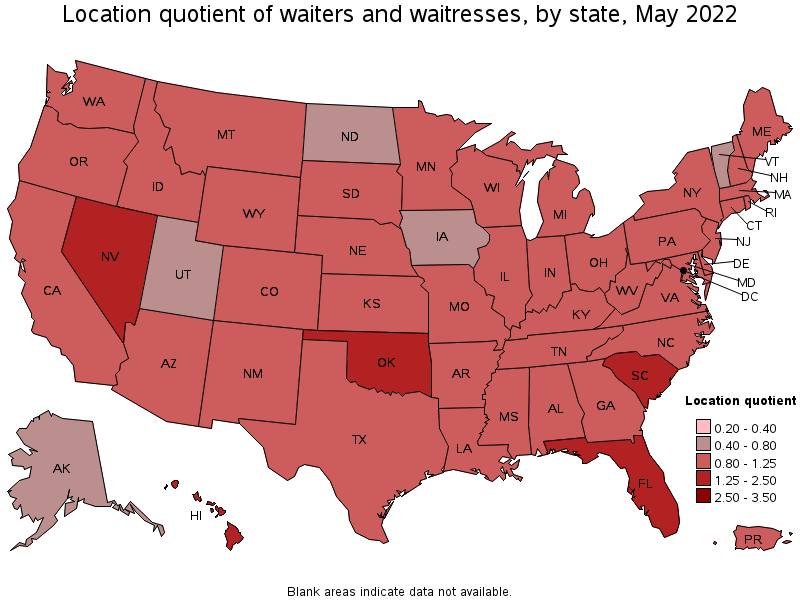 Map of location quotient of waiters and waitresses by state, May 2022
