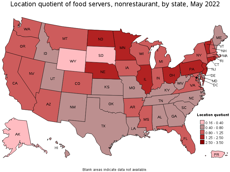 Map of location quotient of food servers, nonrestaurant by state, May 2022