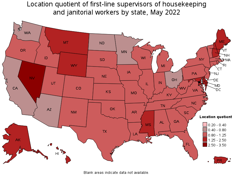 Map of location quotient of first-line supervisors of housekeeping and janitorial workers by state, May 2022