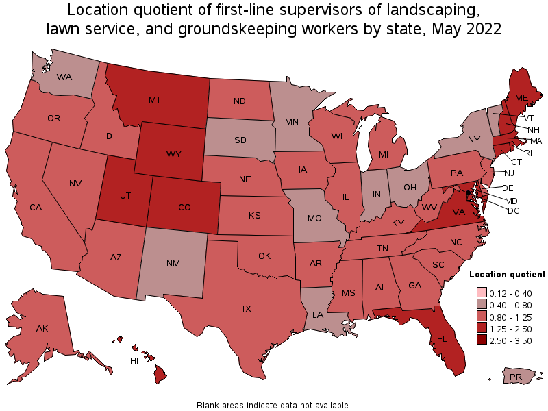 Map of location quotient of first-line supervisors of landscaping, lawn service, and groundskeeping workers by state, May 2022