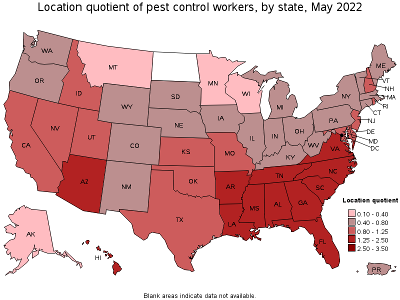 Map of location quotient of pest control workers by state, May 2022