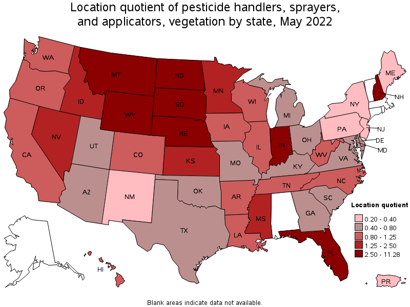Map of location quotient of pesticide handlers, sprayers, and applicators, vegetation by state, May 2022