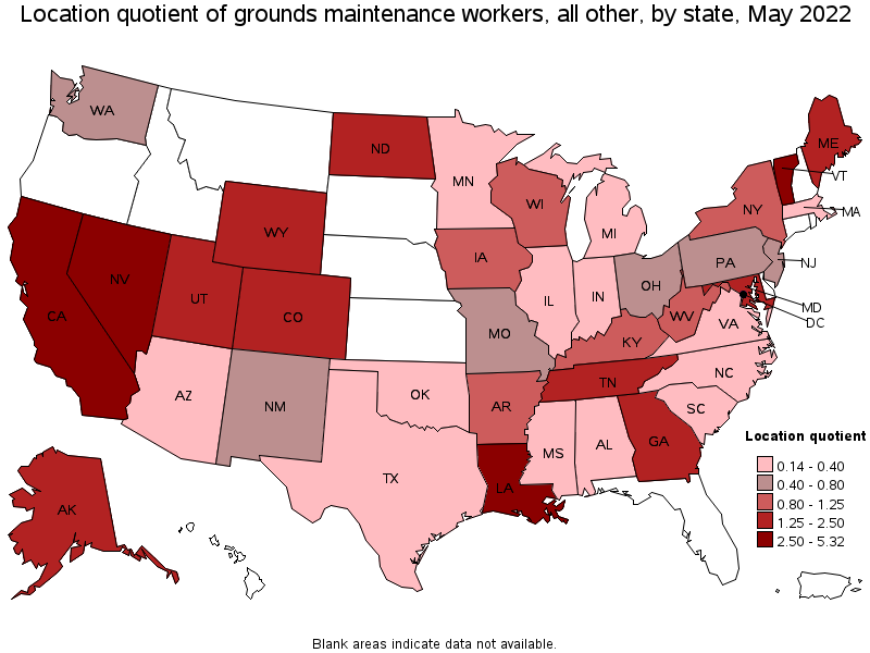 Map of location quotient of grounds maintenance workers, all other by state, May 2022