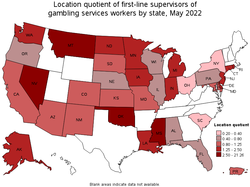 Map of location quotient of first-line supervisors of gambling services workers by state, May 2022