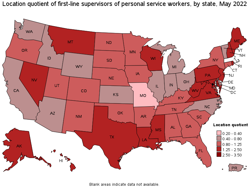 Map of location quotient of first-line supervisors of personal service workers by state, May 2022