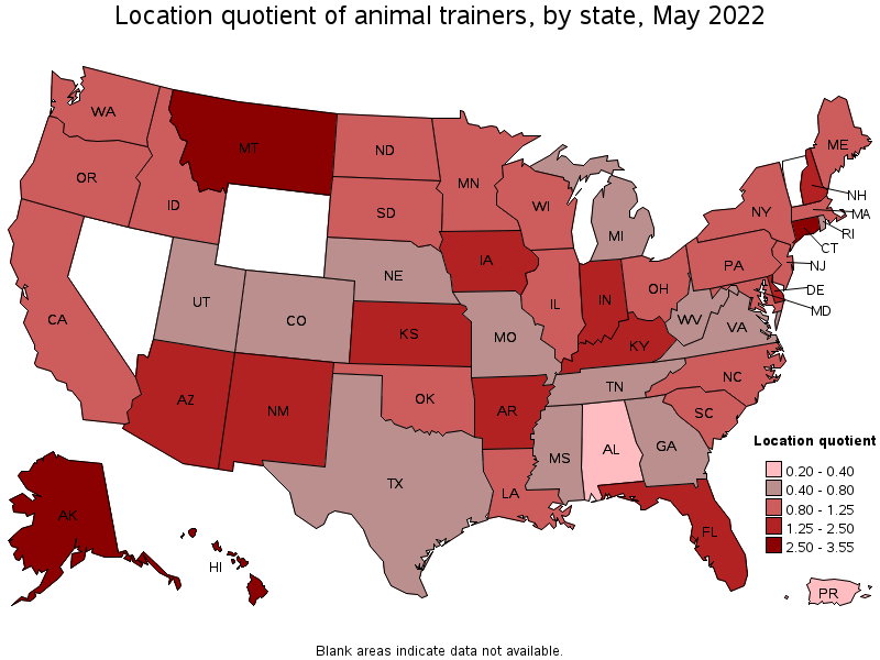 Map of location quotient of animal trainers by state, May 2022