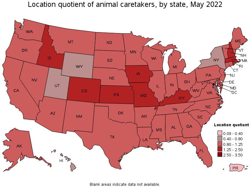 Map of location quotient of animal caretakers by state, May 2022