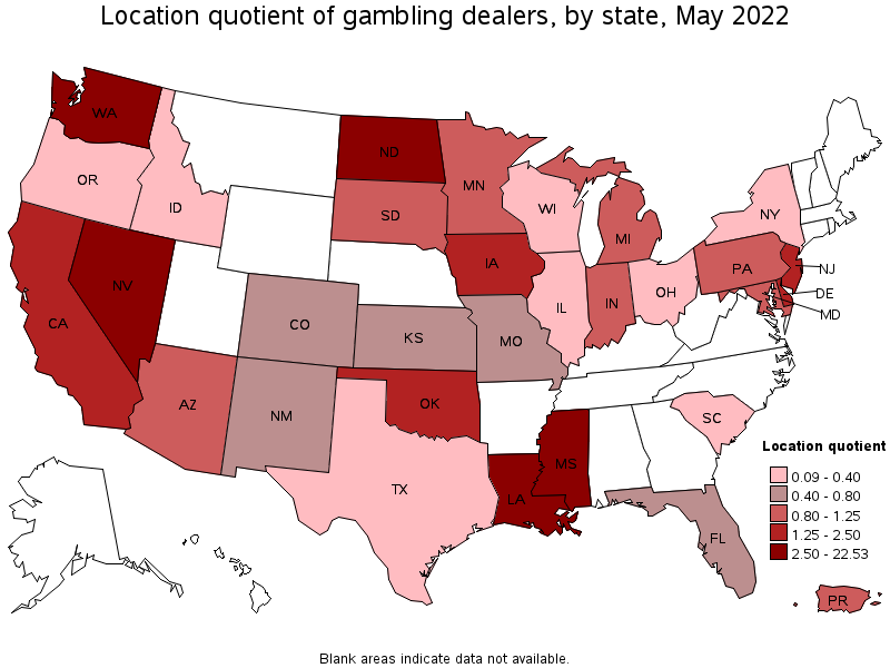 Map of location quotient of gambling dealers by state, May 2022