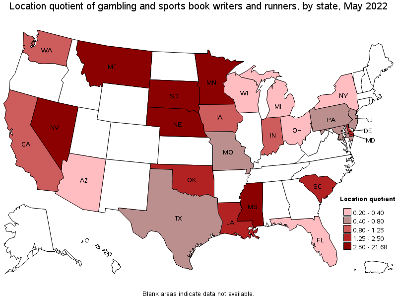Map of location quotient of gambling and sports book writers and runners by state, May 2022