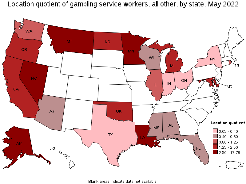 Map of location quotient of gambling service workers, all other by state, May 2022