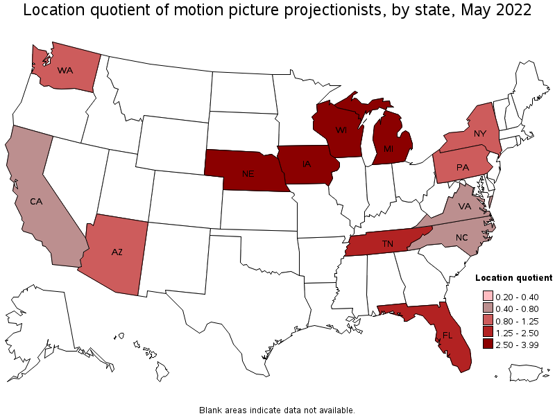 Map of location quotient of motion picture projectionists by state, May 2022