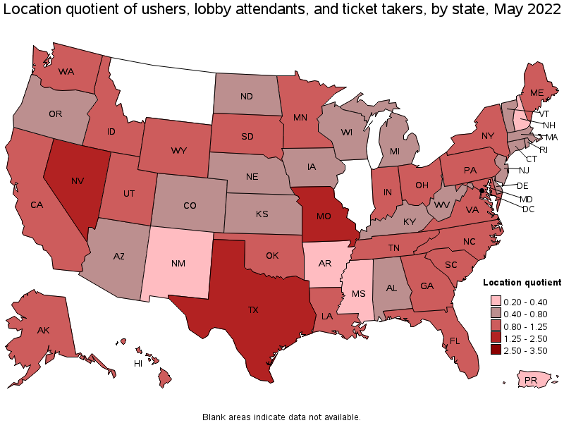 Map of location quotient of ushers, lobby attendants, and ticket takers by state, May 2022