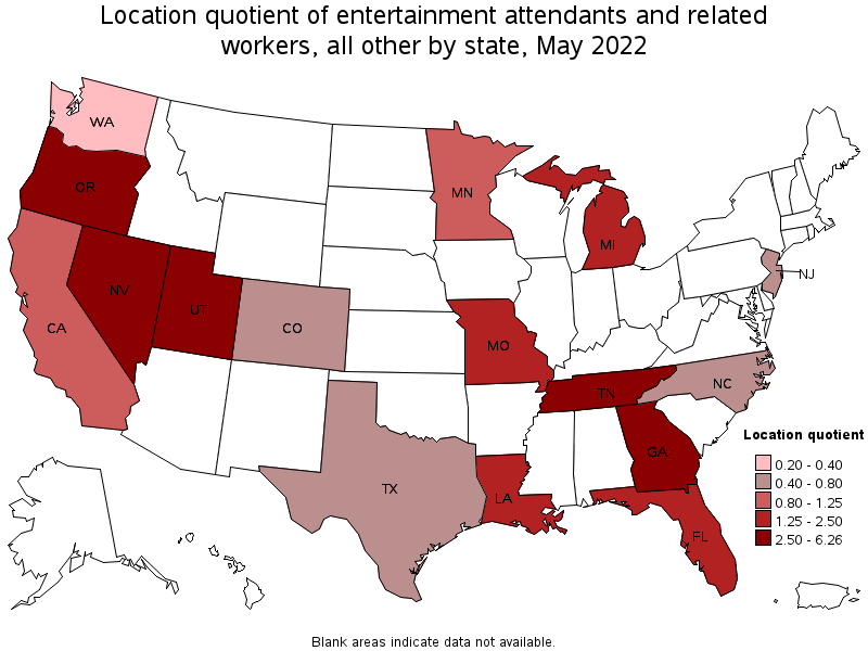 Map of location quotient of entertainment attendants and related workers, all other by state, May 2022