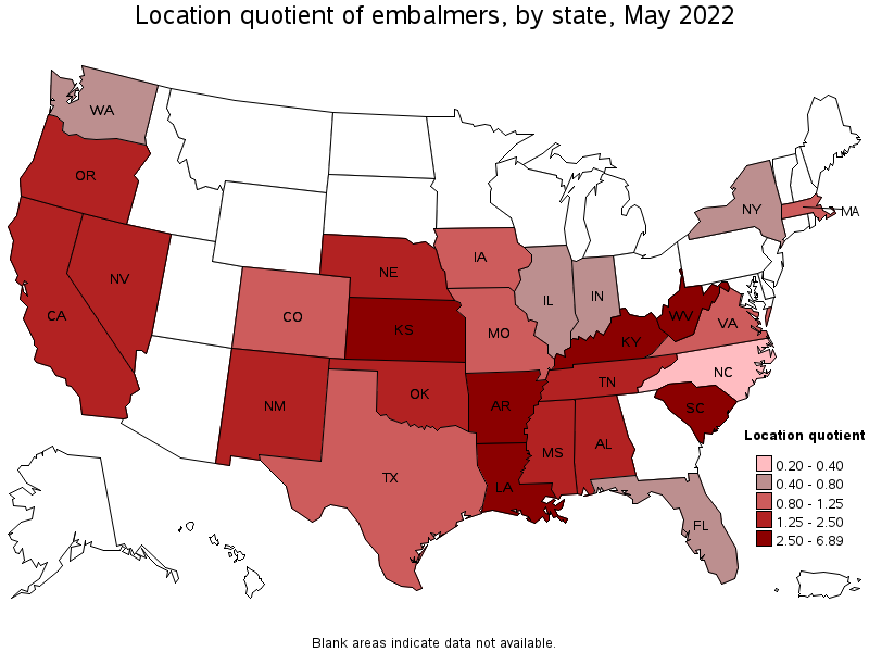 Map of location quotient of embalmers by state, May 2022