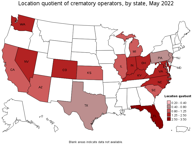 Map of location quotient of crematory operators by state, May 2022