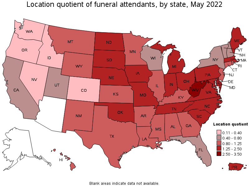 Map of location quotient of funeral attendants by state, May 2022