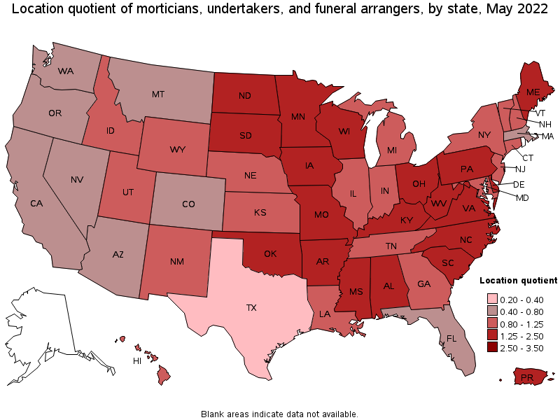 Map of location quotient of morticians, undertakers, and funeral arrangers by state, May 2022