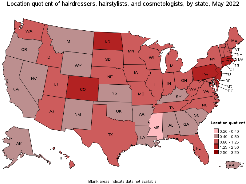 Map of location quotient of hairdressers, hairstylists, and cosmetologists by state, May 2022