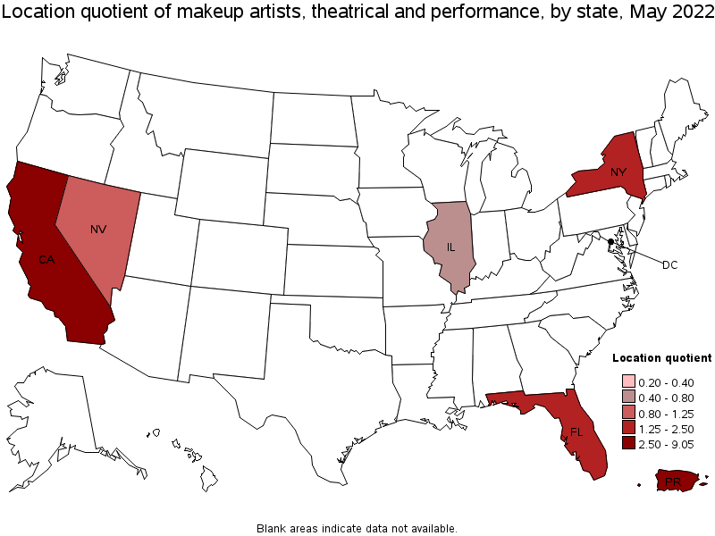 Map of location quotient of makeup artists, theatrical and performance by state, May 2022