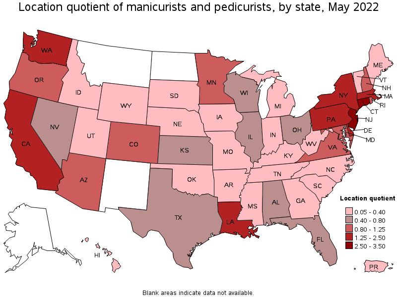 Map of location quotient of manicurists and pedicurists by state, May 2022