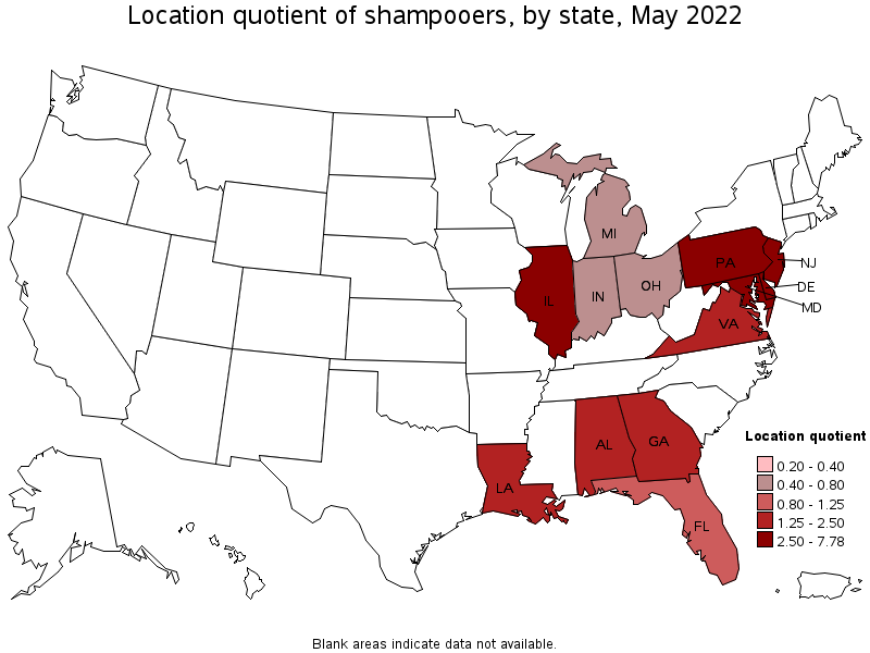 Map of location quotient of shampooers by state, May 2022