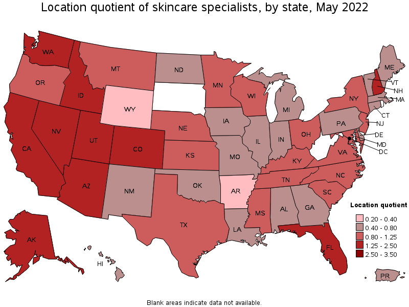 Map of location quotient of skincare specialists by state, May 2022