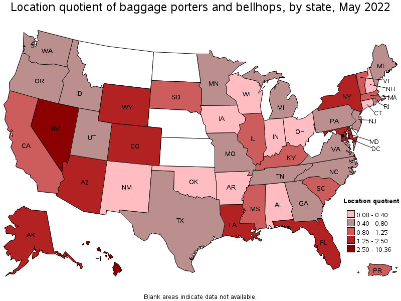 Map of location quotient of baggage porters and bellhops by state, May 2022