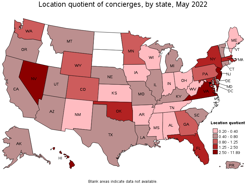 Map of location quotient of concierges by state, May 2022