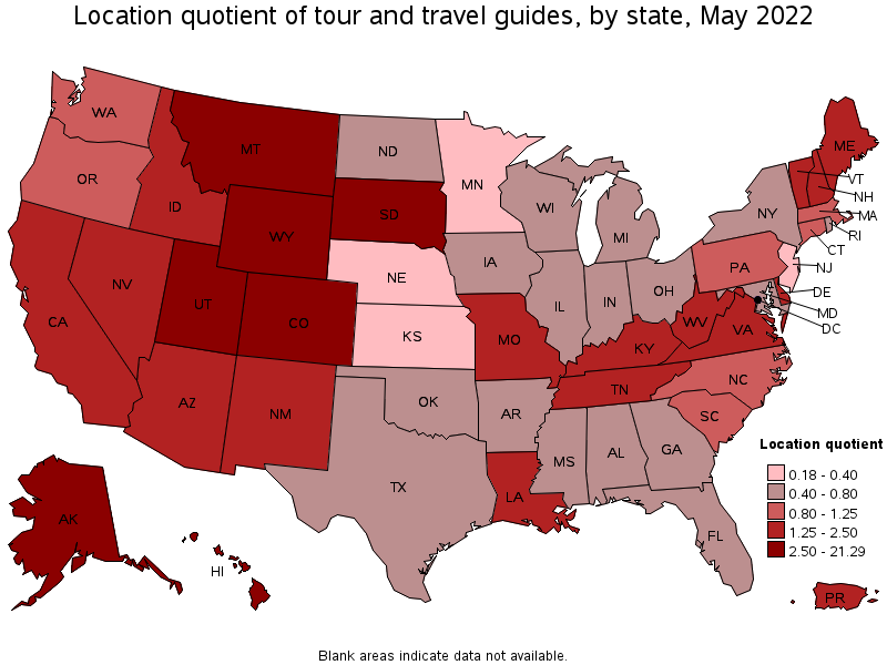 Map of location quotient of tour and travel guides by state, May 2022