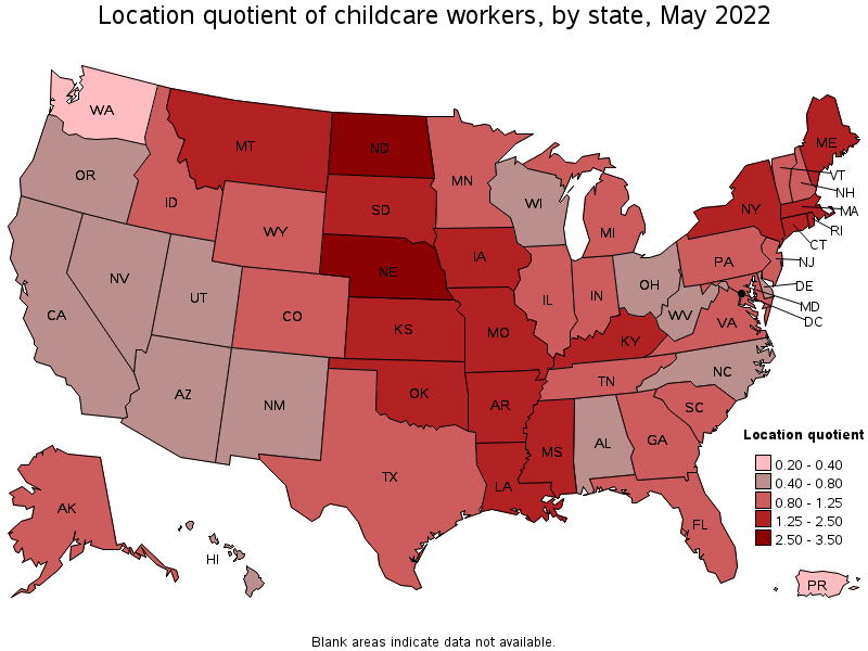 Map of location quotient of childcare workers by state, May 2022