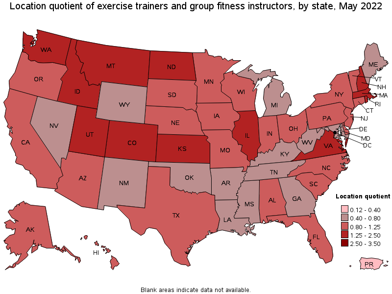 Map of location quotient of exercise trainers and group fitness instructors by state, May 2022