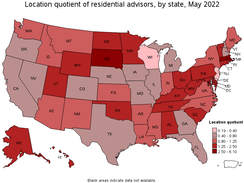 Map of location quotient of residential advisors by state, May 2022