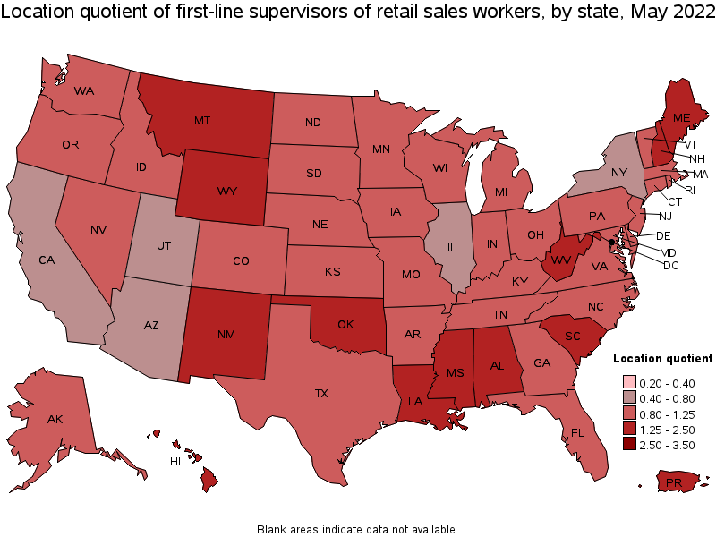 Map of location quotient of first-line supervisors of retail sales workers by state, May 2022