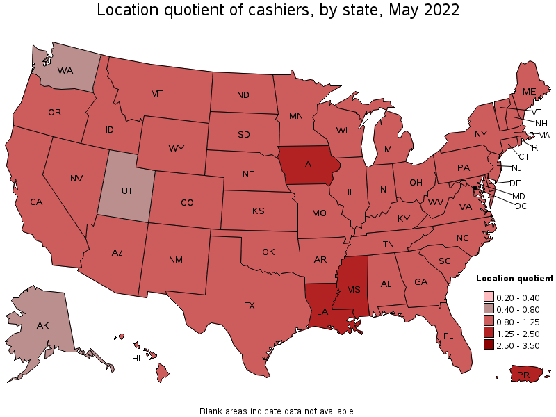 Map of location quotient of cashiers by state, May 2022